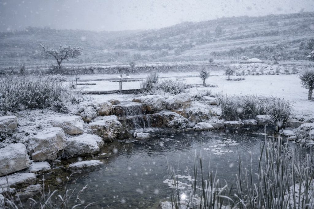 Biopiscina con la neve in Inverno